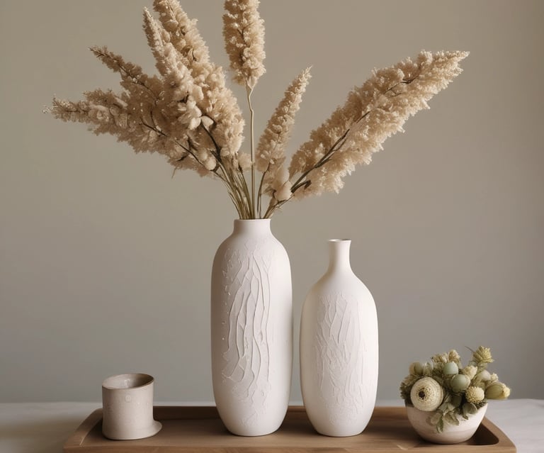 A rustic plaster vase with delicate dried flowers, set on a wooden table with soft natural light.