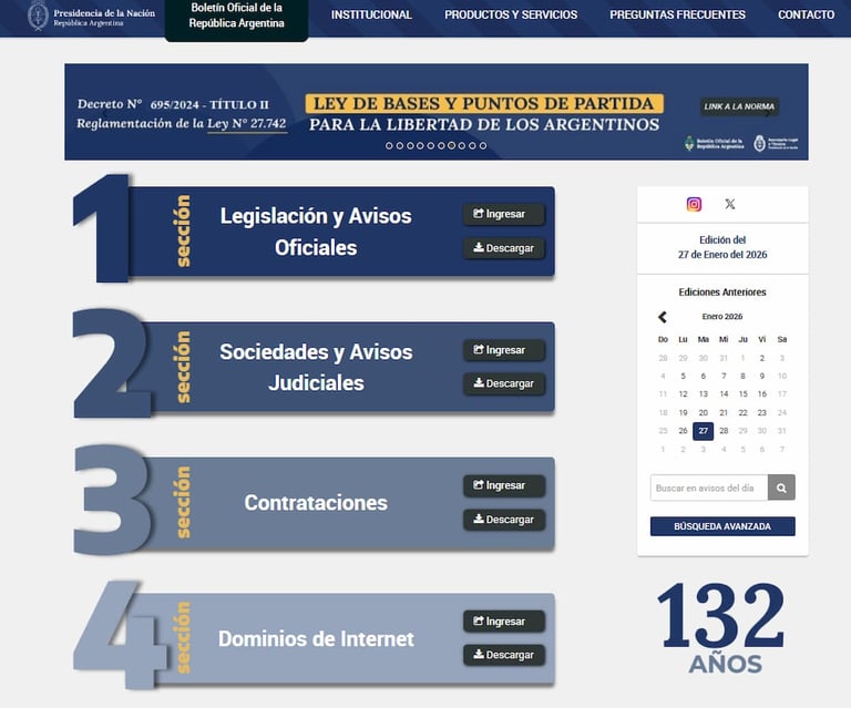 Secciones del Boletín Oficial de la República Argentina en una edición de enero de 2026