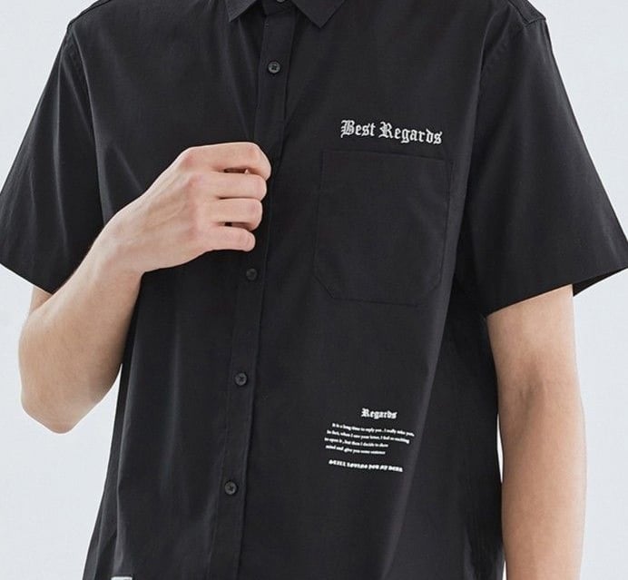 Men's black short sleeve button-down shirt featuring Best Regards white gothic text embroidery.