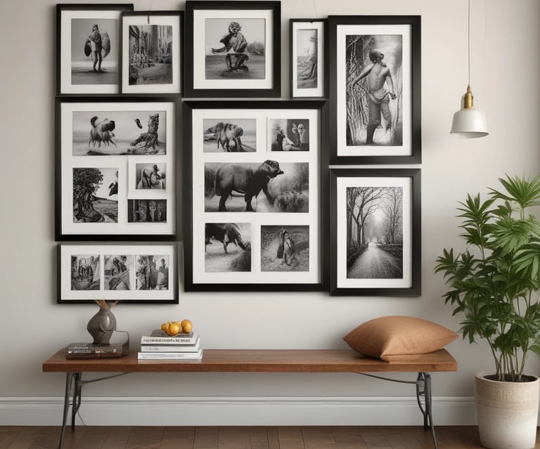 Sleek graphite drawing framed in black, hanging against a minimalist dark wall.