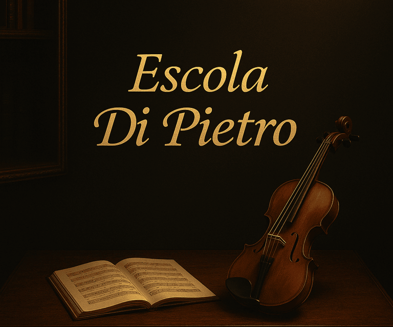 Cena refinada e acolhedora com uma escrivaninha de madeira escura, um violino clássico em destaque e