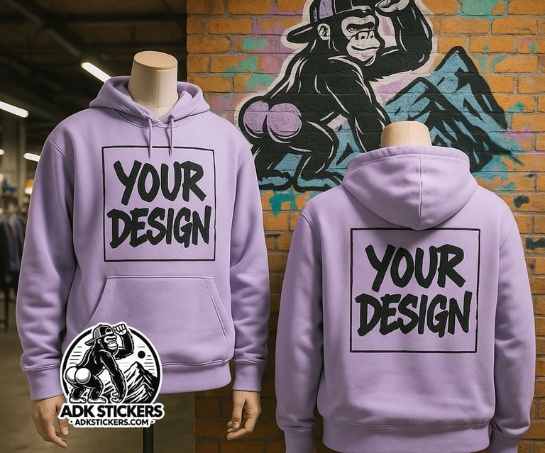 Light lavender custom hoodies with “Your Design” print and ADKstickers.com logo in front of graffiti