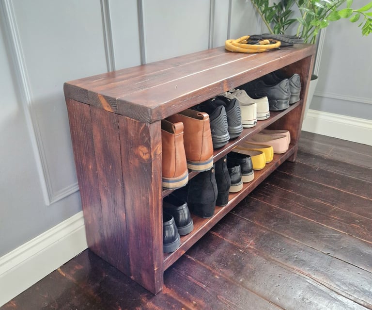 Rustic Solid shoe Bench cabinet unit Made to Size in Uk Handmade solid furniture quality and heavy duty dark reclaimed wooden