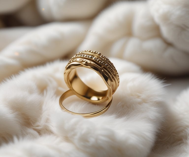 A jewelry store window display filled with mannequins adorned in elaborate, gold jewelry sets. The items include necklaces, bracelets, and full body chains, all intricately designed. The backdrop features a tufted, possibly velvet texture, adding to the luxurious atmosphere.