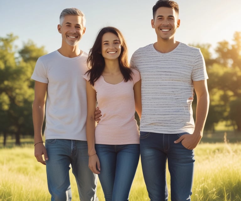 a group of three people standing in a field