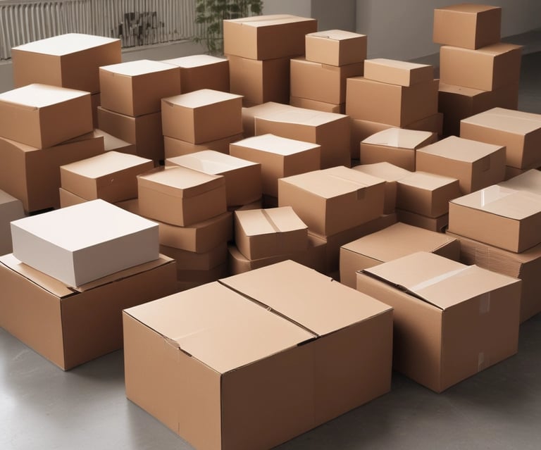 Crinkled brown paper packages are neatly arranged on a wooden surface. The packages have handwritten text on them, possibly denoting a brand, with a clear, simple stamp-like design.