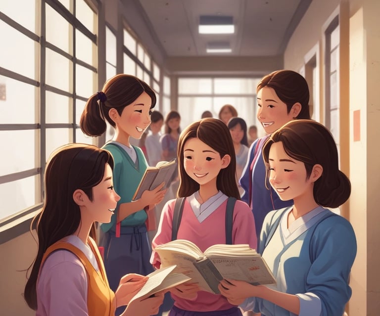 A cheerful classroom setting with students learning Japanese.