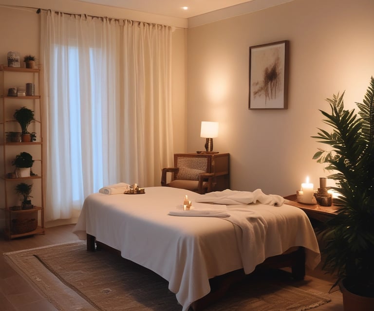 A serene and well-lit massage therapy room features a massage table adorned with scattered rose petals. The room has soft green walls with a floral accent wall in the back. A hanging white robe and a modern chair are present, along with a glass shower enclosure. The ceiling has recessed lighting, contributing to a calming atmosphere.