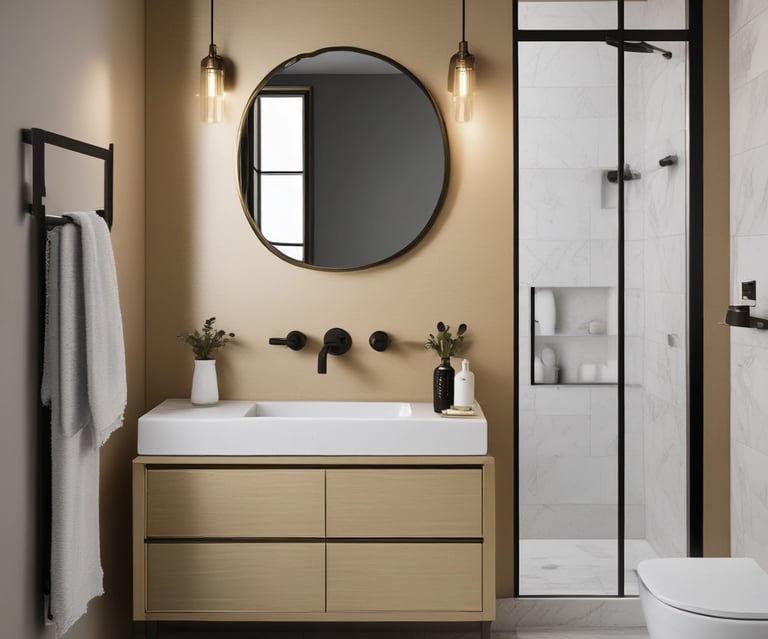 A bathroom with a unique industrial design features exposed piping and cylindrical lights on the ceiling. The ceiling displays a large fish illustration with labeled parts. The walls are covered with white herringbone tiles, and there are three circular mirrors above a long concrete sink with modern faucets.