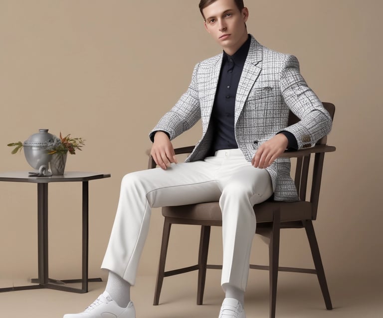 A stylish young man wearing a crisp white shirt and trendy denim jeans, walking confidently in an urban setting.