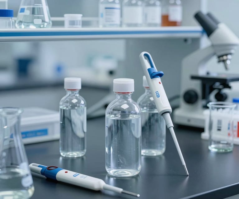 Sterile vials of bacteriostatic water lined up on a dark lab bench under soft lighting.