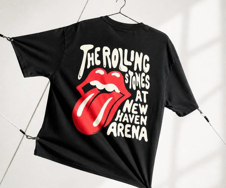 Vintage The Rolling Stones black graphic t-shirt featuring the iconic red lips logo hanging on a wall.