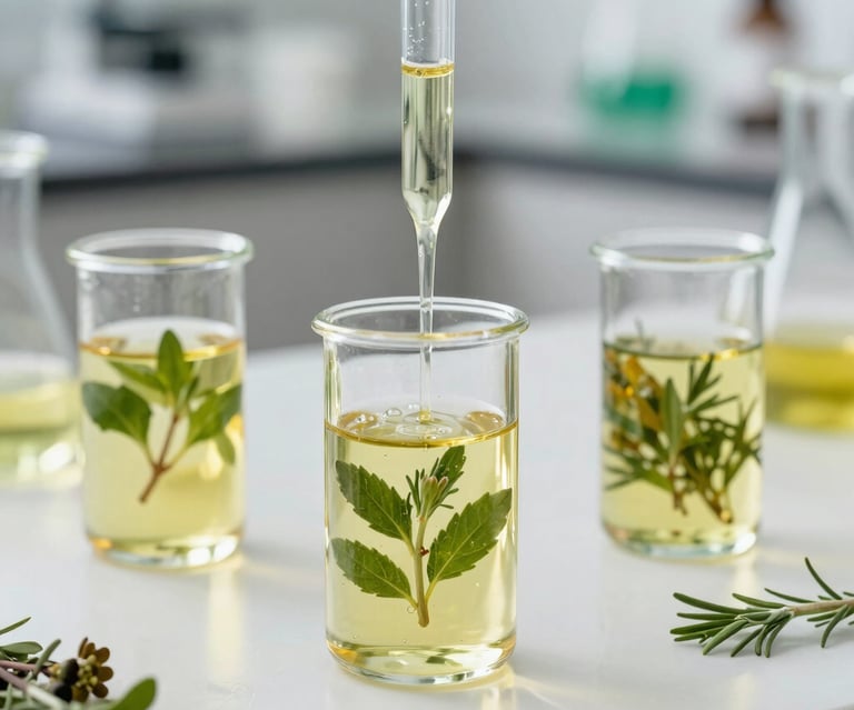Close-up of a glass bottle filled with golden herbal hair oil surrounded by fresh green leaves on a cream background.