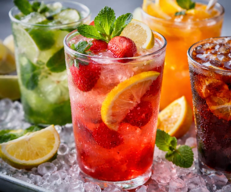 Refreshing assortment of iced cocktails and fruit mocktails with fresh mint, berries, and citrus slices.