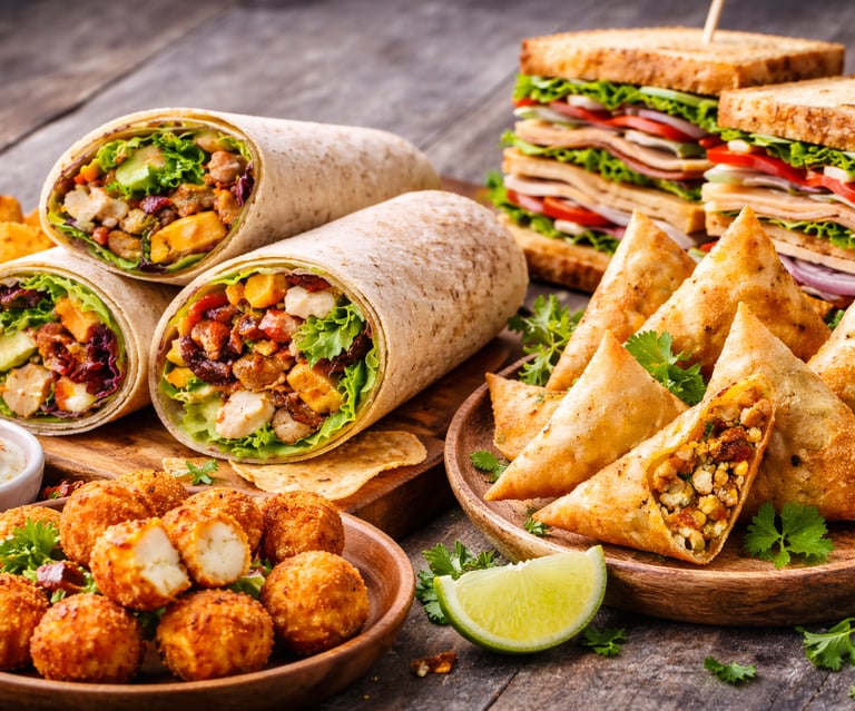 A variety of party food including chicken wraps, club sandwiches, golden samosas, and crispy potato bites.