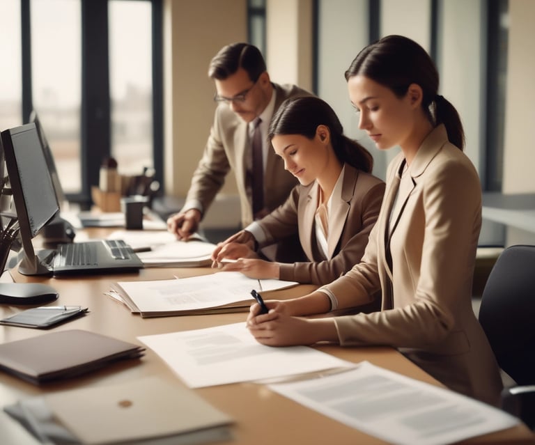 Modern office workspace with team collaborating on administrative tasks in Monterrey.