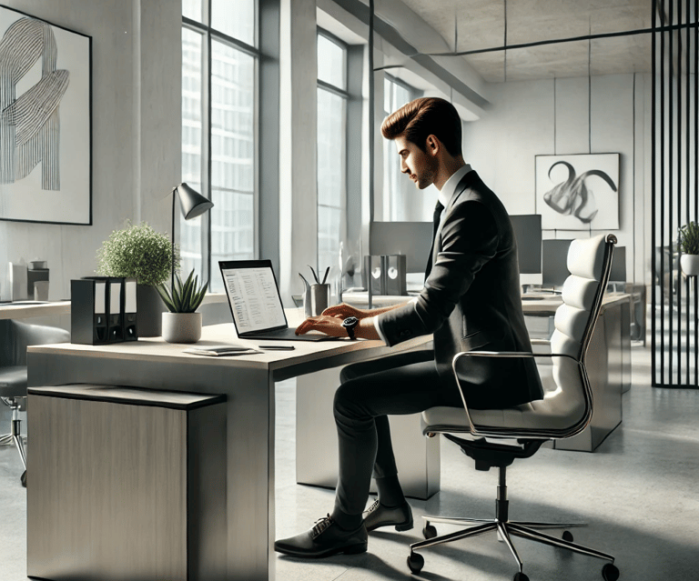 Man sat a desk in a modern office using AI automation to generate feedback from customers