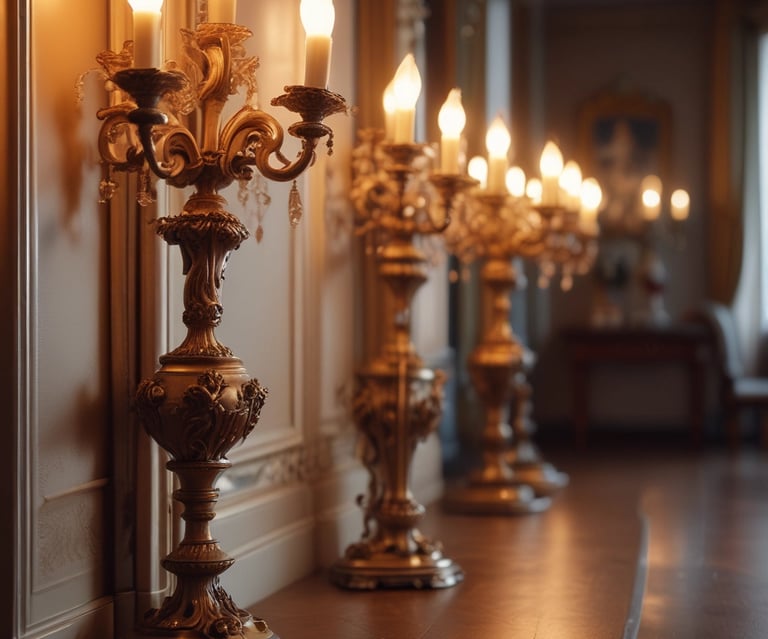 An elegant room featuring vintage furniture with ornate gold detailing, sheer white curtains draping from large windows, and a dark polished floor. A plush white settee and a similarly styled high-backed chair create a refined and luxurious ambiance. A small side table and a decorative console table complete the setting, adorned with delicate decor pieces.