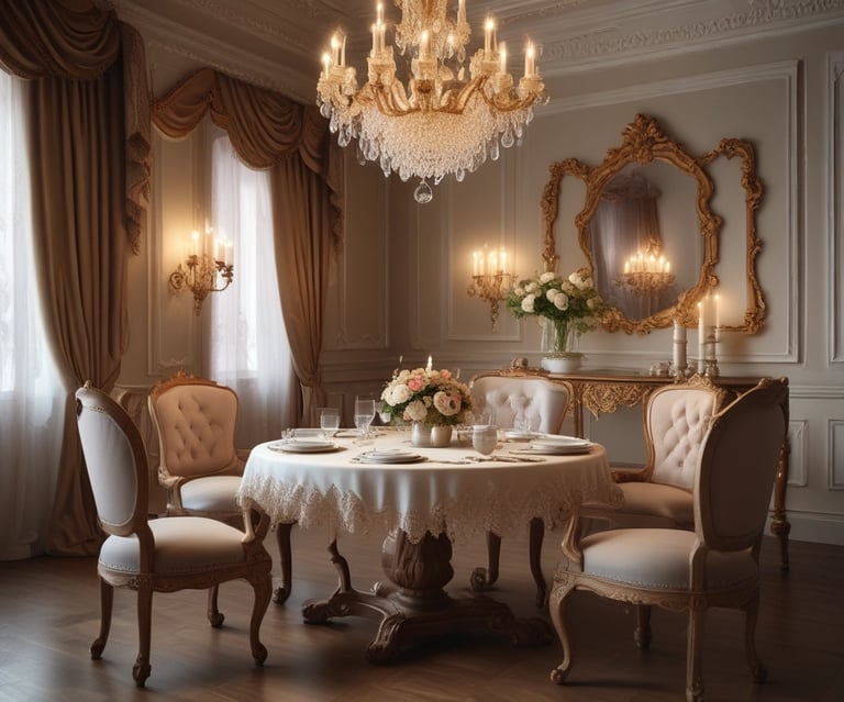 An antique shop interior featuring ornate chandeliers, intricately designed brass and silver items, and elegant wooden furniture. Framed paintings with gold accents are displayed on the walls, and the overall ambiance suggests a vintage, opulent style. The room is filled with a variety of decorative items, including vases and mirrored surfaces, showcasing a rich collection of classic decor.