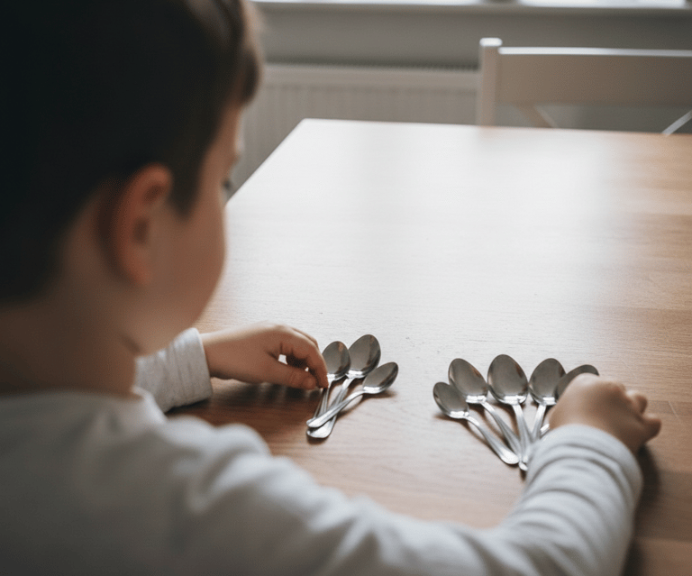 Child sorting spoons  at home