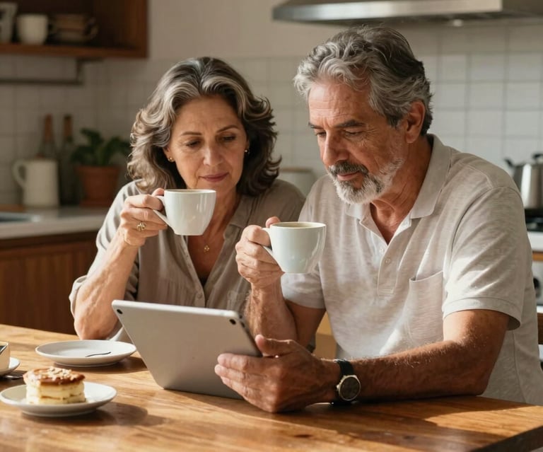 Wide environmental portrait of a mature Brazilian couple in their early 60s sitting at a sunlit wooden kitchen table, sharing coffee and reading a tablet together, soft natural side light, warm and reassuring atmosphere.