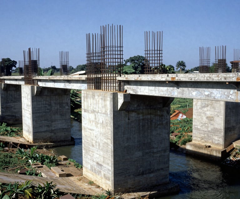 Wide environmental shot of a concrete bridge foundation built over a river canal in a Colombian agricultural region, steel reinforcements visible, bright daylight.