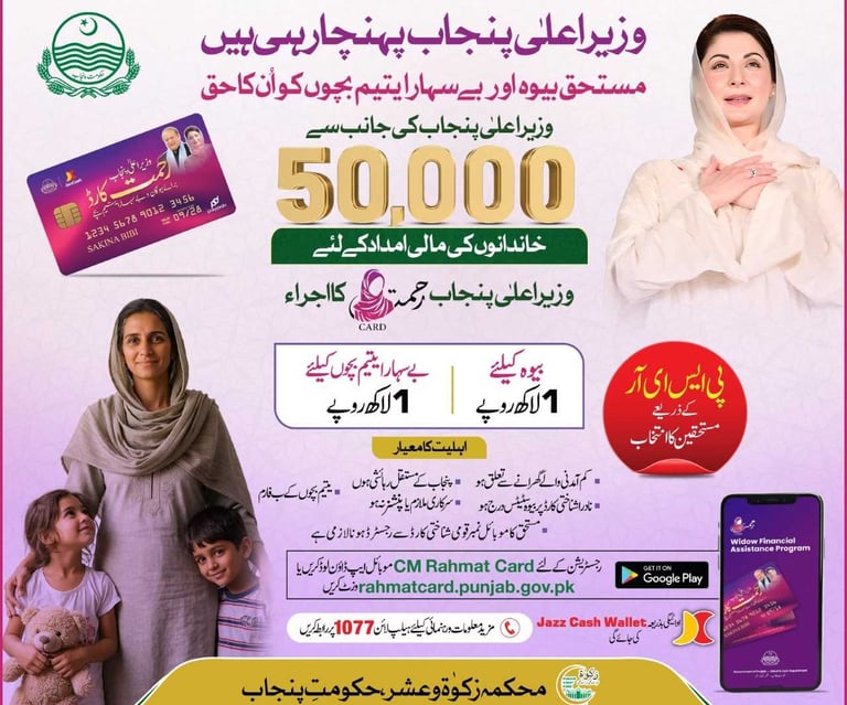 "CM Punjab Rahmat Card Program 2026 for widows and orphans: A news-style advertisement graphic on a 