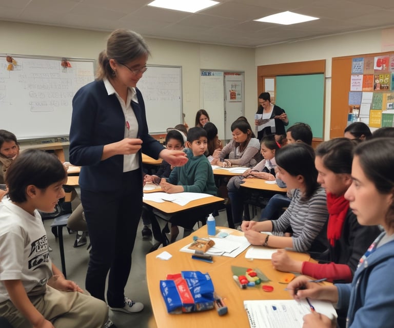 A group of teachers engaged in a lively training session with educational materials around.