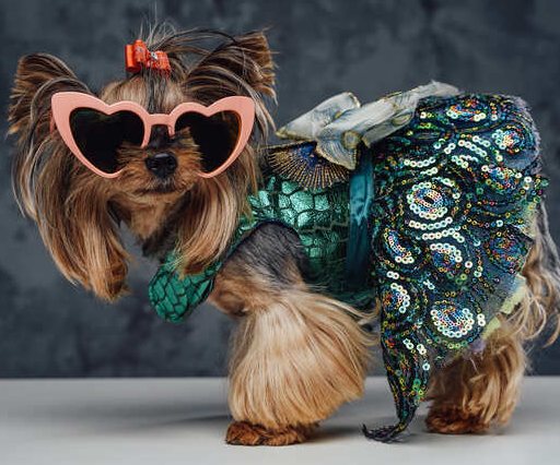 Un adorable Yorkshire Terrier con gafas de sol rosas en forma de corazón y un vestido de lentejuela
