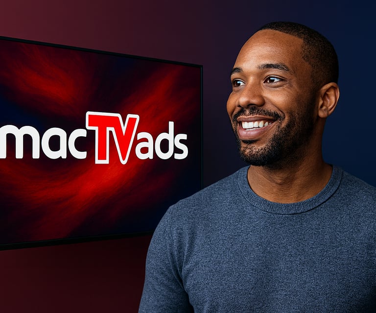 Man smiling and looking out to the left with a screen in the background showing, "macTVads"