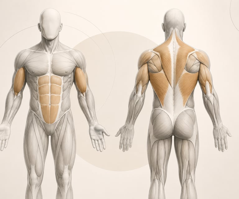 Diagramme anatomique du corps humain mettant en évidence les muscles travaillés par le tirage vertical