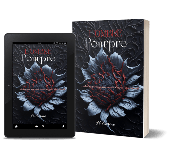 Mockup du livre "L'ombre pourpre", romantasy de Carine Henry, auteure.