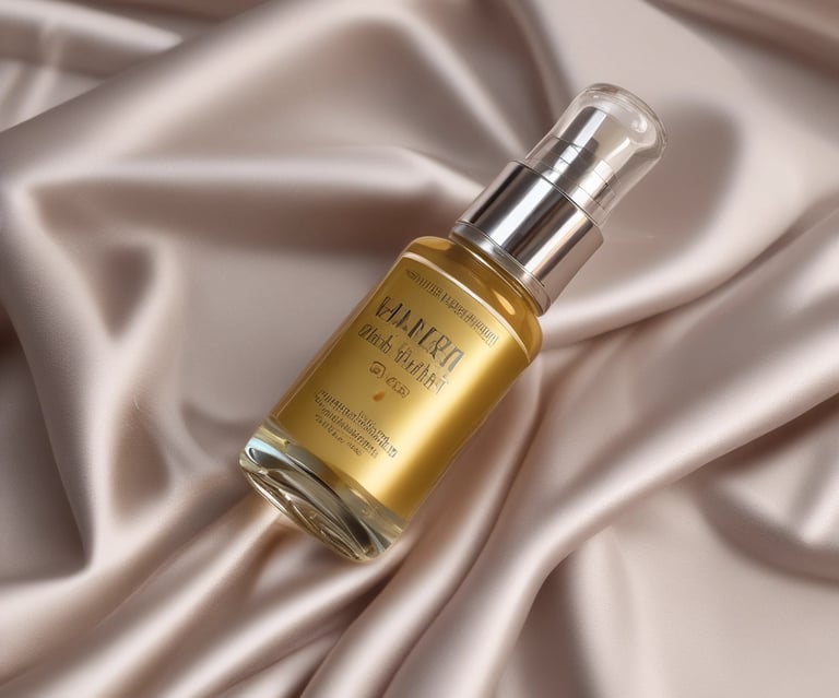 Elegant serum bottle resting on soft ivory silk, bathed in warm natural light.
