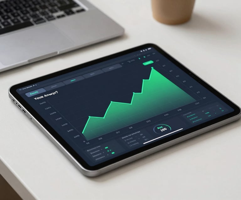 Sleek tablet mockup lying on a clean workspace, displaying a live analytics dashboard with upward trending green charts, natural lighting.