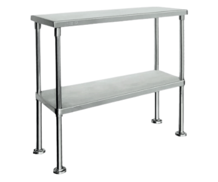 A two-tier stainless steel overshelf for benches with adjustable height.