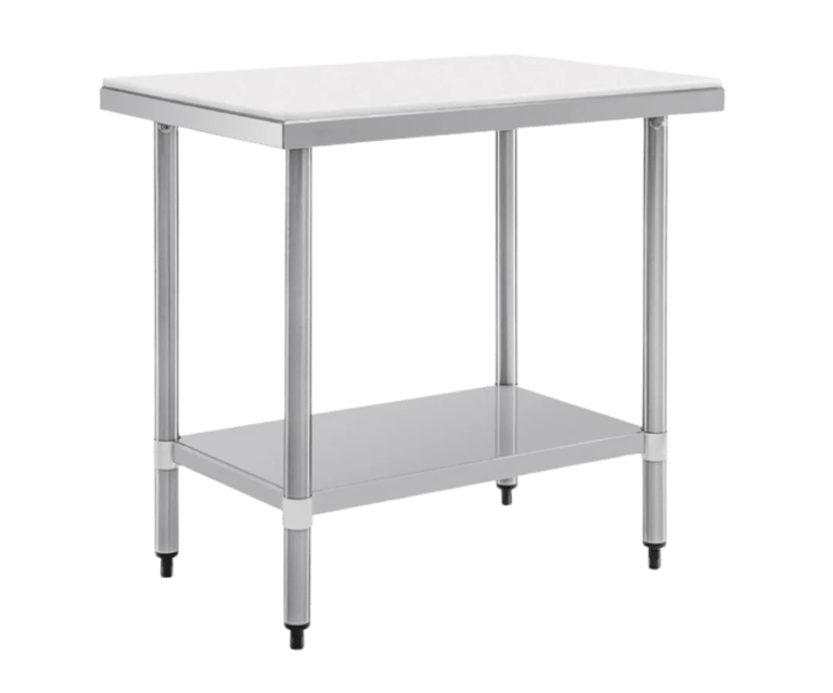 Stainless steel work table featuring an integrated chopping board and lower storage shelf.