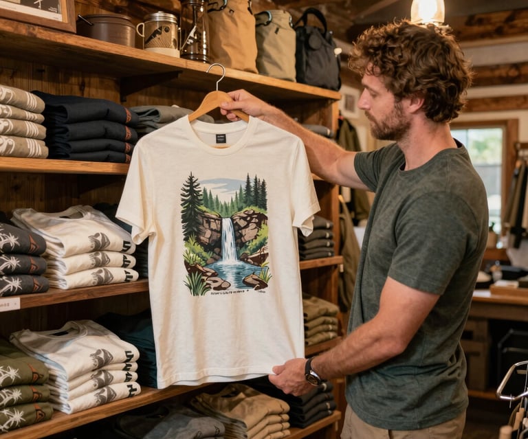 A cozy cabin scene with a person wearing a soft, earth-toned t-shirt featuring a hand-drawn pine tree.