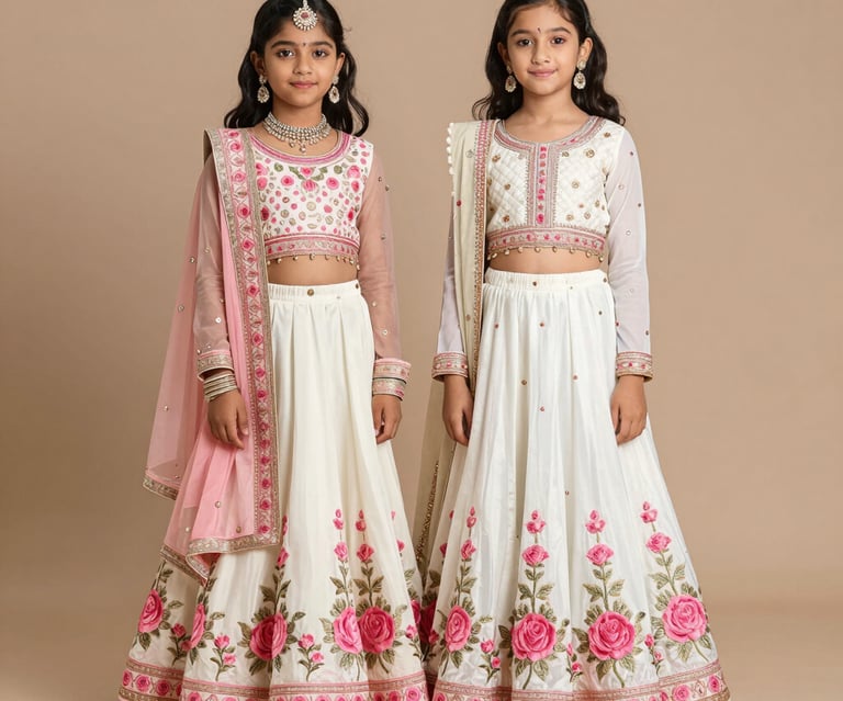 A vibrant rose pink girls lehenga set with delicate embroidery displayed on a wooden hanger.
