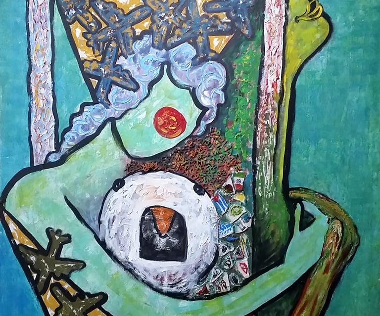 a painting of a woman and men, and a green scarf
