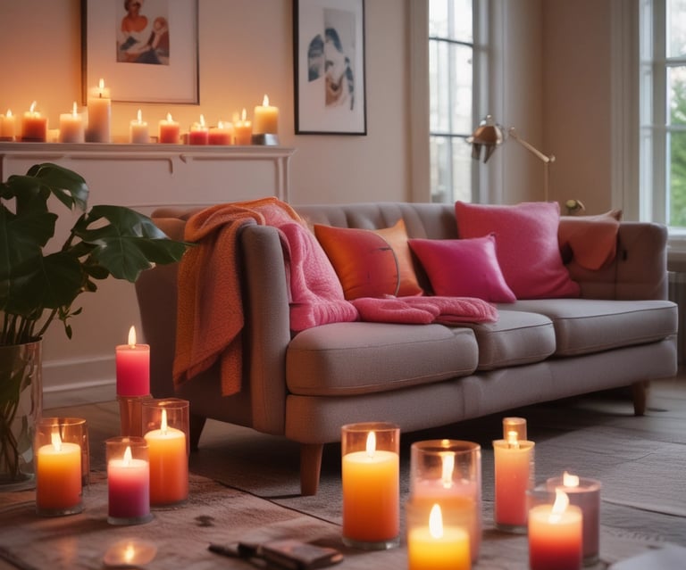 Aromatic candles in green and dark brown jars are placed on a dotted fabric surface. Pine cones and other natural elements surround the candles, contributing to a cozy, forest-like setting. A small evergreen branch is also visible in the background, adding to the rustic feel.