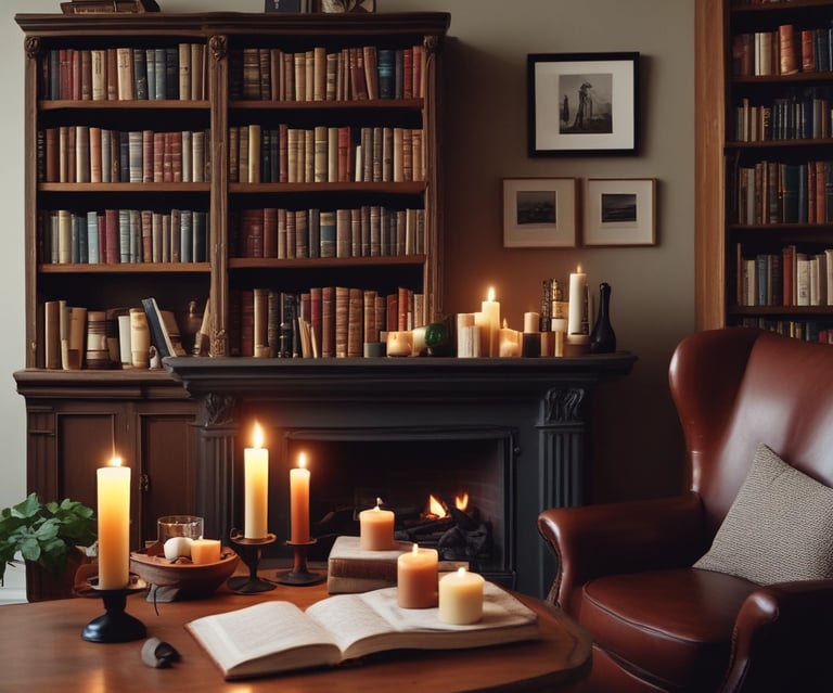 Aromatic candles in green and dark brown jars are placed on a dotted fabric surface. Pine cones and other natural elements surround the candles, contributing to a cozy, forest-like setting. A small evergreen branch is also visible in the background, adding to the rustic feel.