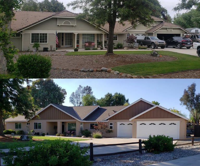 Bfore and after photo of remodeing a ranch style home.