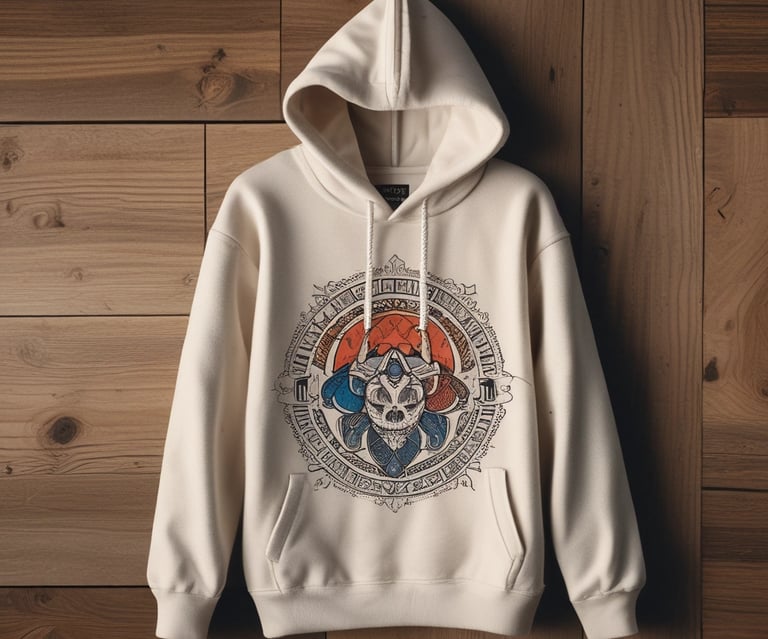 A cozy hoodie with a vibrant custom print hanging on a rustic wooden rack.