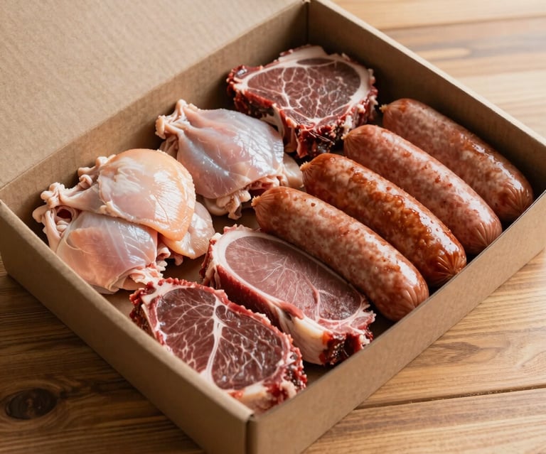 A rustic wooden crate filled with assorted premium meats and sausages, freshly prepared and ready for reservation.