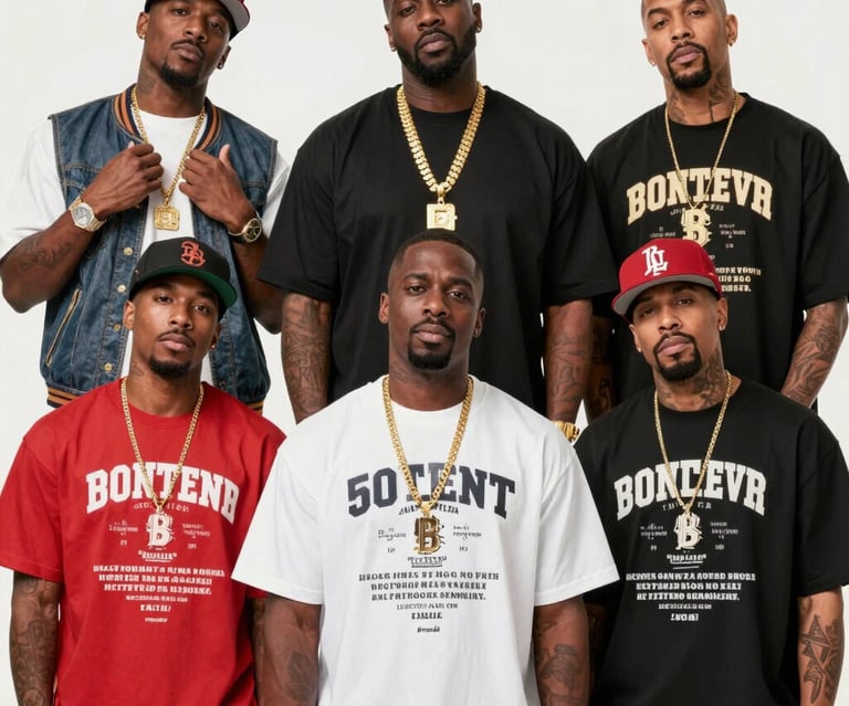 Urban streetwear featuring iconic old school rap graphics on a model against a gritty city backdrop