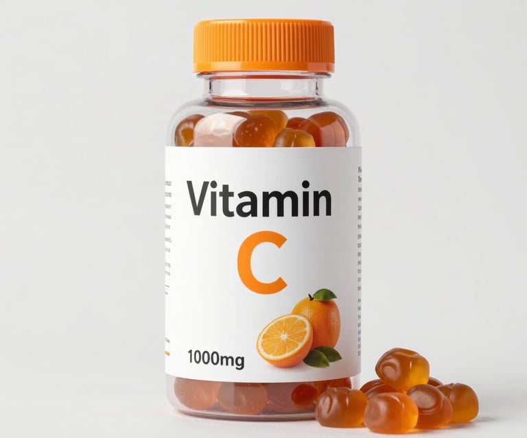 Clear bottle of orange Vitamin C 1000 mg gummy supplements with orange fruit illustrations on a white label.