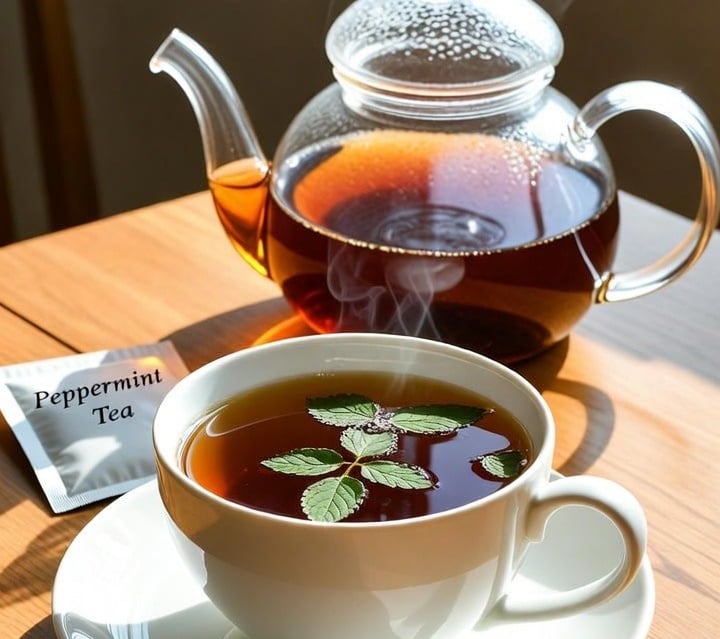 Hot peppermint tea in a white ceramic cup with fresh mint leaves and a glass teapot on a wooden table.