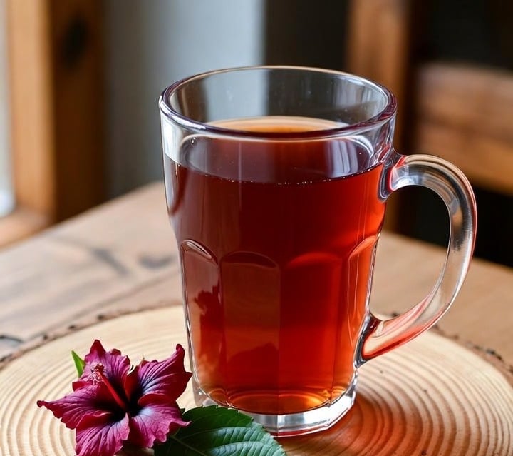 Clear glass mug of red hibiscus herbal tea on a rustic wood slice coaster with a fresh flower.