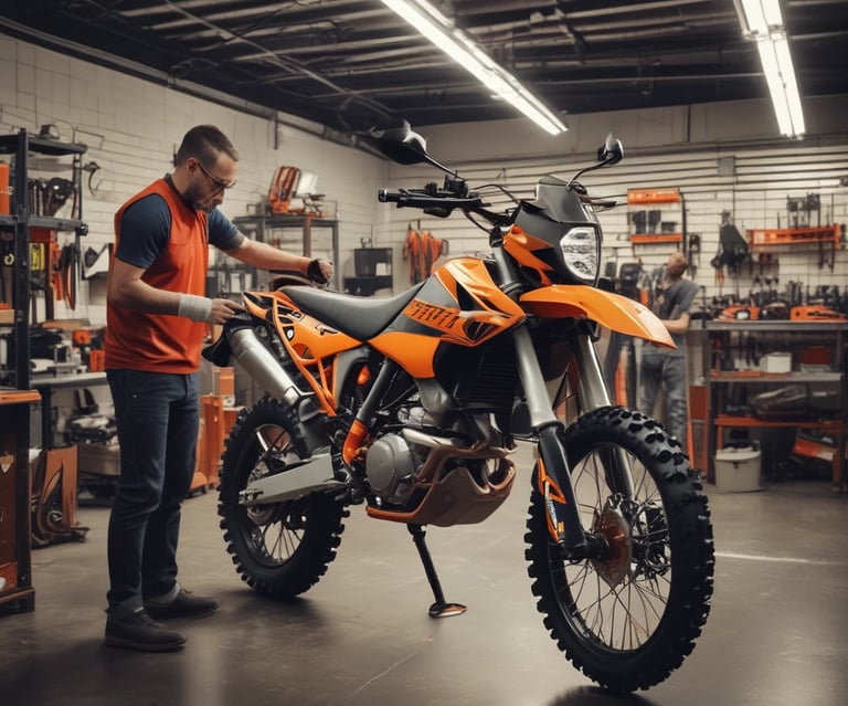 Motorcycle parts displayed neatly on a wooden table with a helmet nearby.