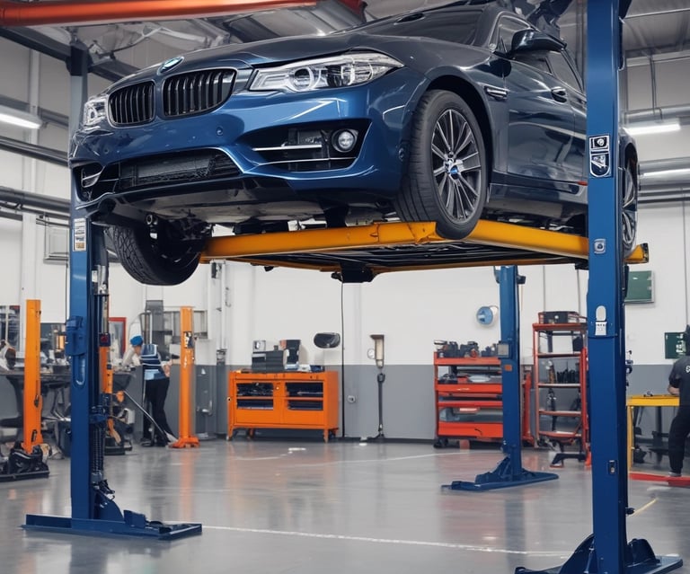 Close-up of various car parts laid out on a workbench with tools around.